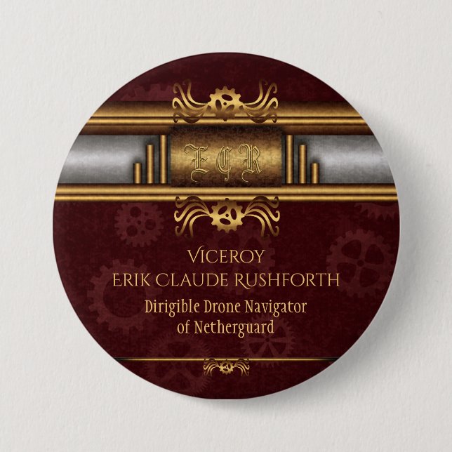 Steampunk brass and marroon cosplay character 7.5 cm round badge (Front)