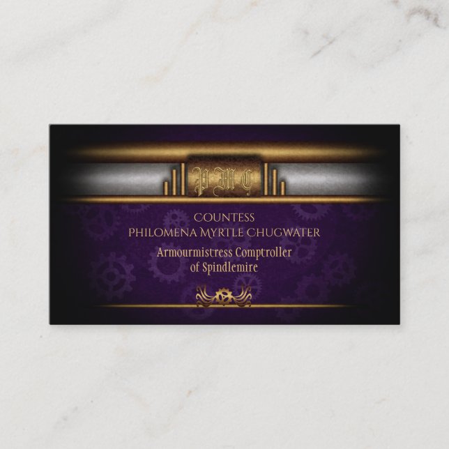 Steampunk, brass and royal purple gears, Monogram Business Card (Front)