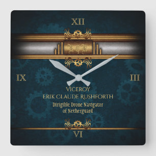 Steampunk, brass on dark teal gears, Monogram Square Wall Clock