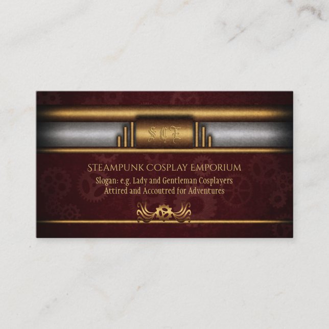 Steampunk, brass on marroon gears, Monogram Business Card (Front)