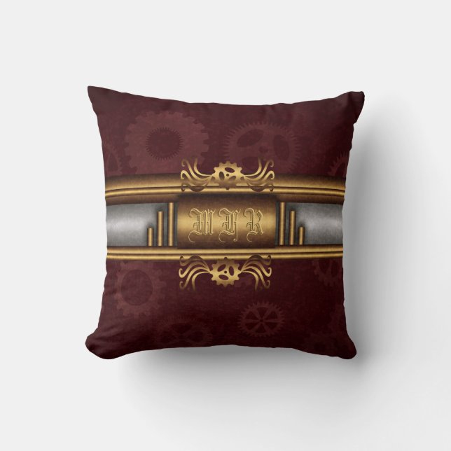 Steampunk, brass on marroon gears Monogram Cushion (Front)