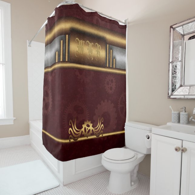 Steampunk, brass on marroon gearwheels, Monogram Shower Curtain (In Situ)