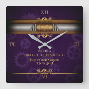 Steampunk, brass on royal purple with Monogram Square Wall Clock