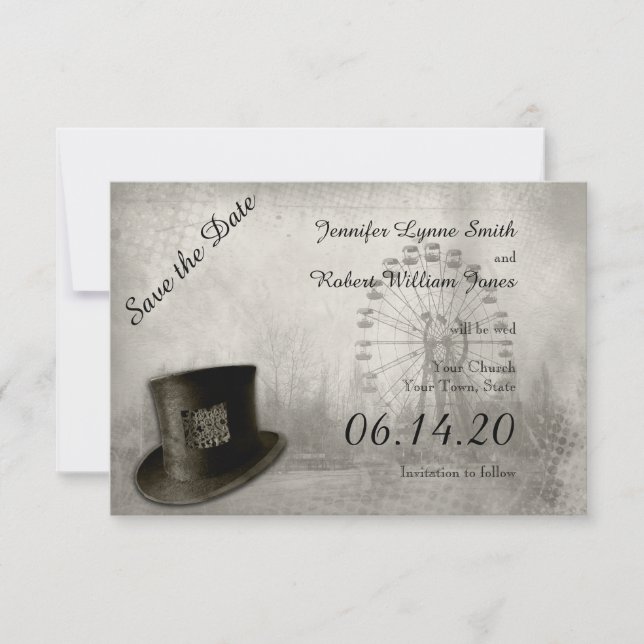 Steampunk Carnival Top Hat Wedding Save the Date (Front)