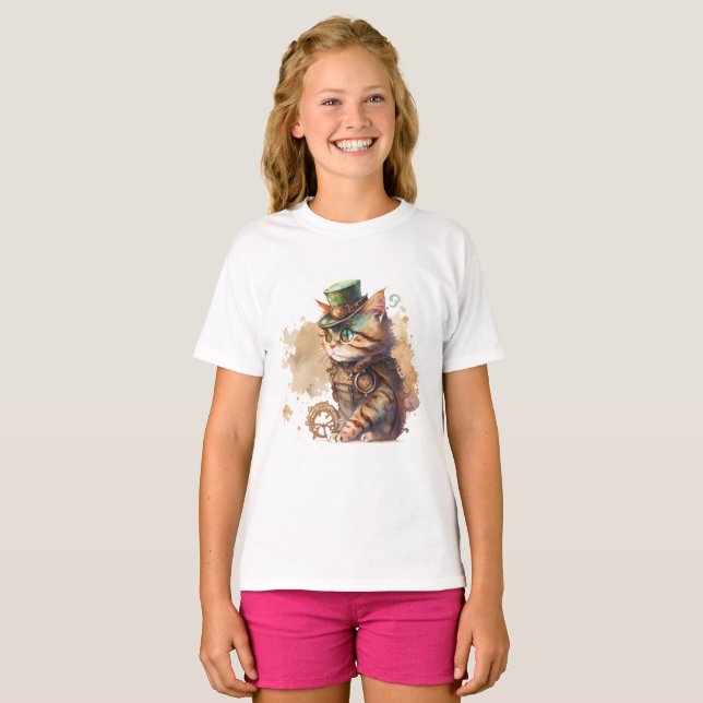 Steampunk Cat Adorable and Cute T-Shirt (Front Full)