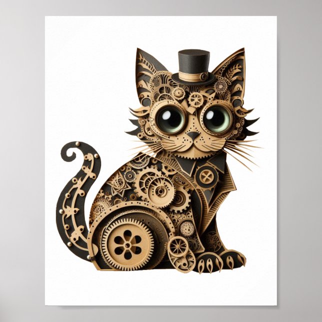 Steampunk cat animals paper crafts art poster (Front)
