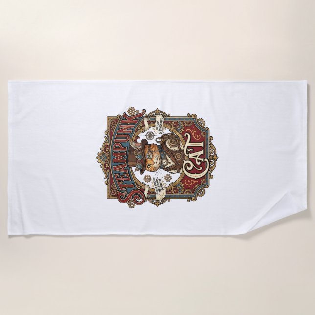 Steampunk Cat Cat Steampunk Vintage Beach Towel (Front)
