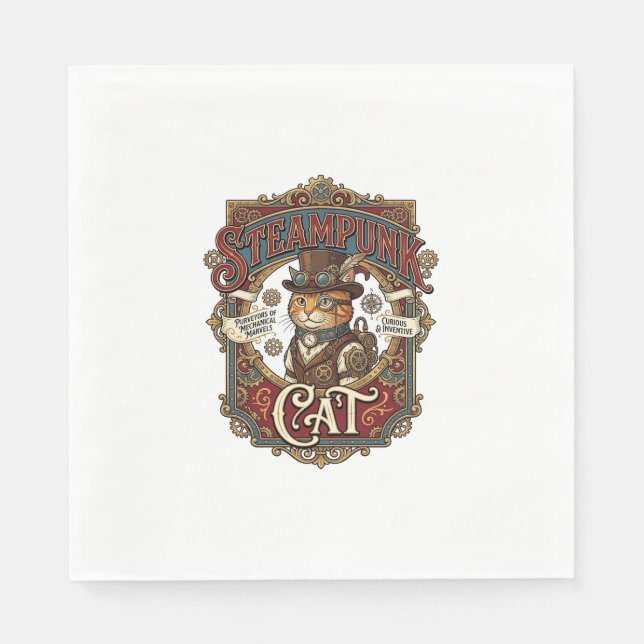 Steampunk Cat Cat Steampunk Vintage Napkin (Front)