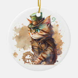 Steampunk Cat Ceramic Tree Decoration