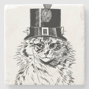 Steampunk Cat Coaster, Kitty in Top Hat Stone Coaster