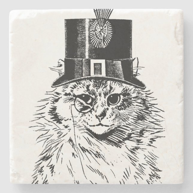 Steampunk Cat Coaster, Kitty in Top Hat Stone Coaster (Front)