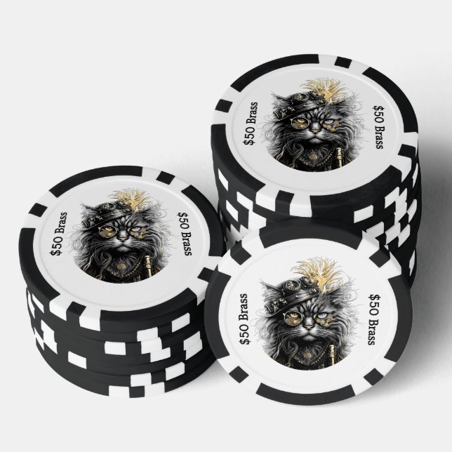  Steampunk Cat Gambles with Brass FUN  Poker Chips (Stack)