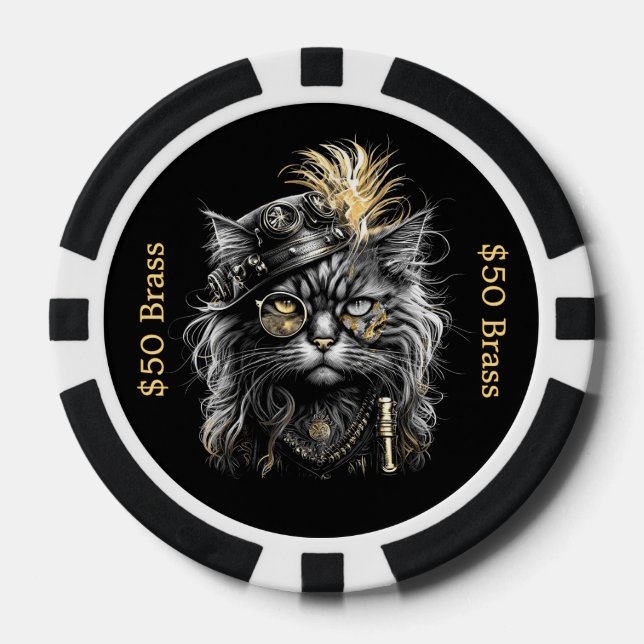  Steampunk Cat Gambles with Brass FUN  Poker Chips (Front)