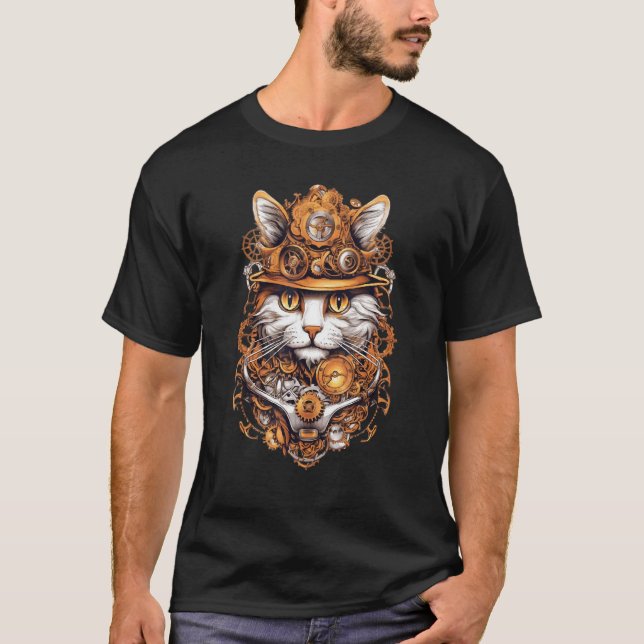 Steampunk Cat Gears Graphic Design Cat  Artwork Fa T-Shirt (Front)
