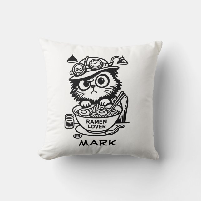 Steampunk Cat Grumpy Ramen Funny Throw Pillow (Front)