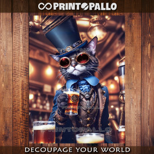 Steampunk cat, hat, goggles and beer - Decoupage  Wrapping Paper Sheet
