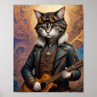 Steampunk cat in leather jacket, playing guitar - poster