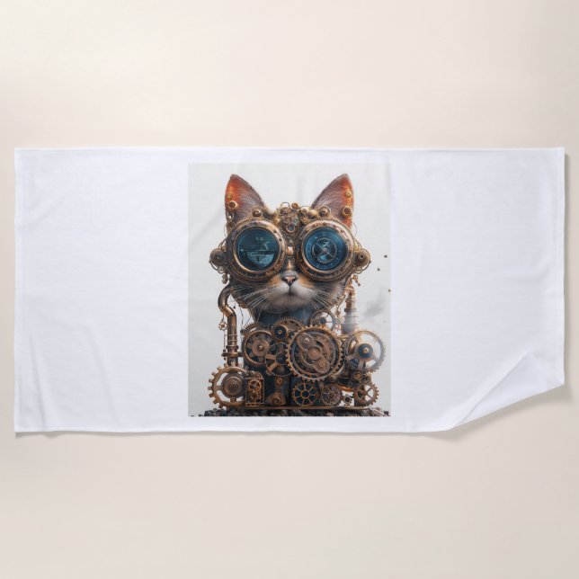 Steampunk Cat Inventor Beach Towel (Front)