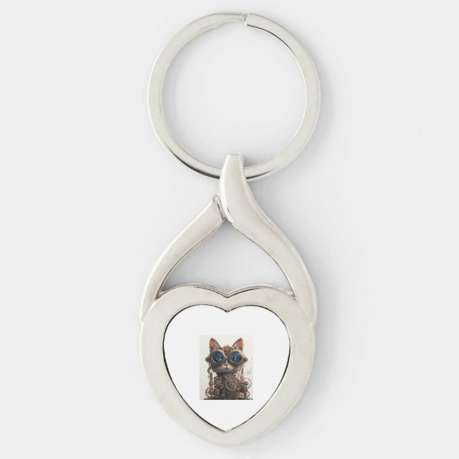 Steampunk Cat Inventor Key Ring (Front)