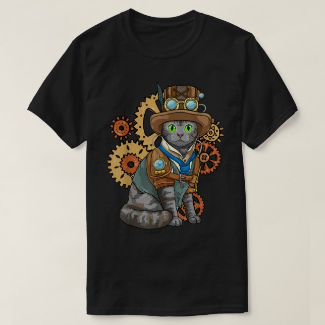 Steampunk Cat Mechanical Gears Fantasy Industrial  T-Shirt (Design Front)
