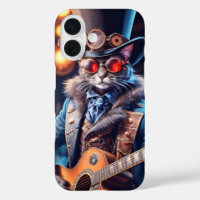 Steampunk cat playing guitar, top hat and goggles