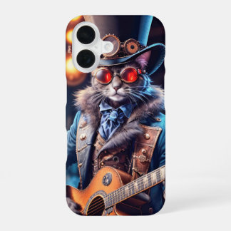 Steampunk cat playing guitar, top hat and goggles iPhone 16 case