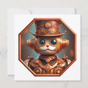 Steampunk Cat Soldier In 8 Sided Bronze Frame Invitation