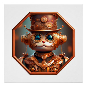 Steampunk Cat Soldier In 8 Sided Bronze Frame Poster
