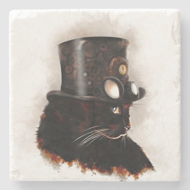 Steampunk cat stone coaster (Front)