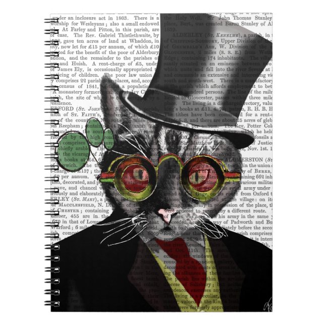Steampunk Cat - Top Hat and red yellow glasses Spiral Notebook (Front)