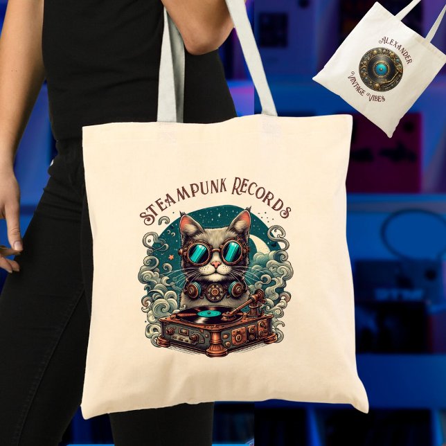 Steampunk Cat Vinyl Record Player Personalised Tote Bag (Creator Uploaded)
