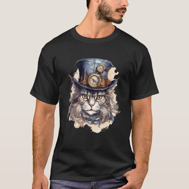 Steampunk Cat With Hat Graphic Design Cat  Fantasy T-Shirt (Front)