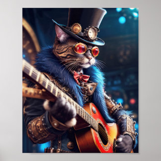 Steampunk cat with top hat and goggles, guitarist poster