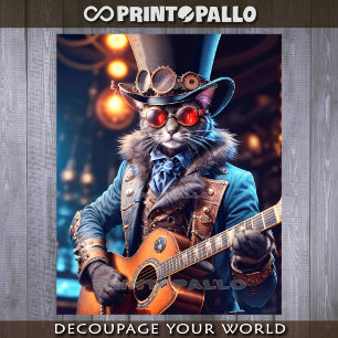 Steampunk cat with top hat & goggle playing guitar tissue paper