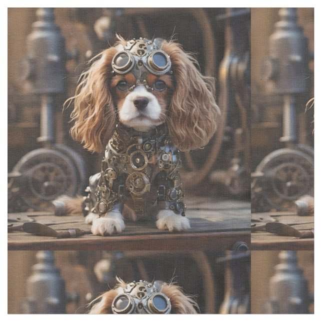 Steampunk Cavalier Spaniel Puppy, Fabric (Close Up)