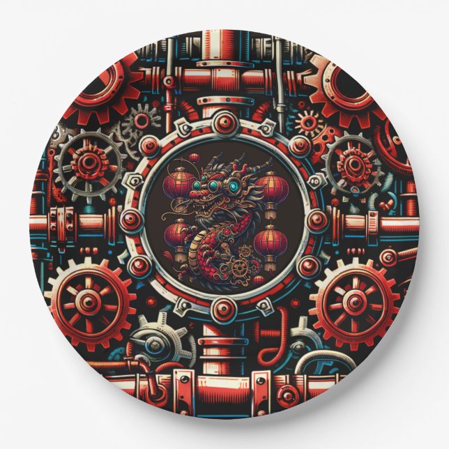 Steampunk Chinese New Year Dragon Paper Plate (Front)