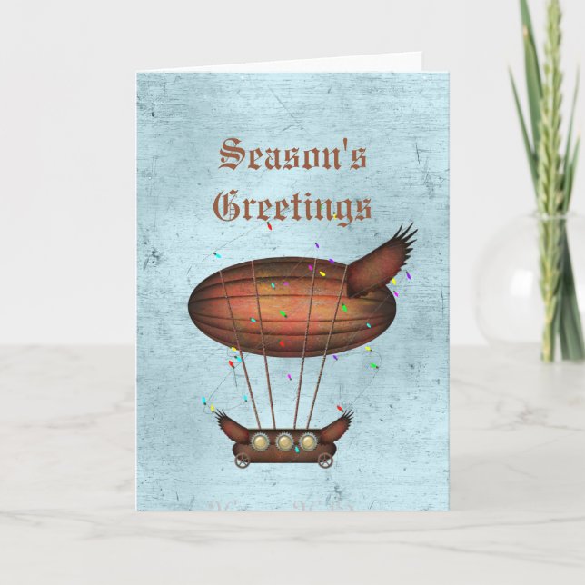 Steampunk Christmas Bronze Airship Greeting Card (Front)