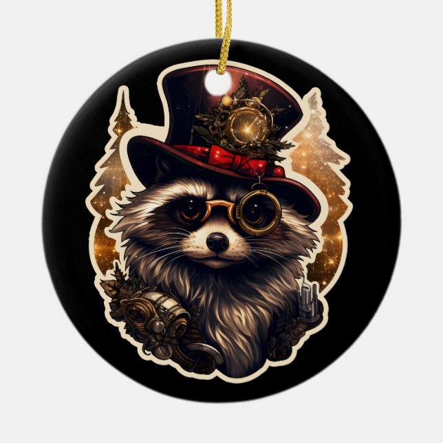 Steampunk Christmas Racoon Ceramic Tree Decoration (Front)