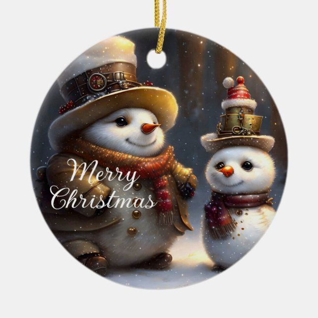 Steampunk Christmas Snowmen  Ceramic Tree Decoration (Front)