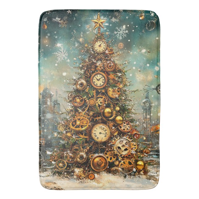 Steampunk Christmas Tree Bath Mat (Front Vertical)