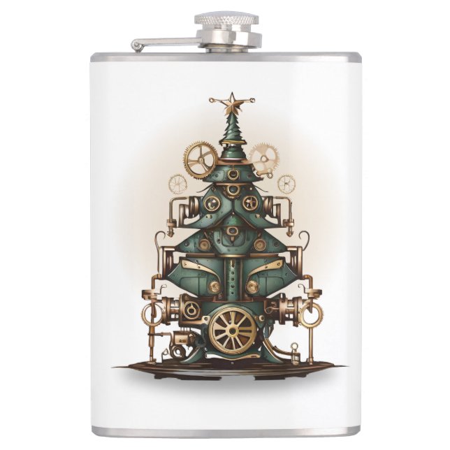 Steampunk Christmas Tree Vintage Retro Style Hip Flask (Front)