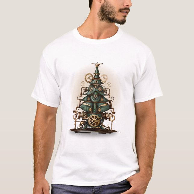 Steampunk Christmas Tree Vintage Retro Style T-Shirt (Front)