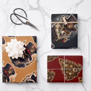 Steampunk Christmas Tree Wolf Racoon 3 apatterns Wrapping Paper Sheet