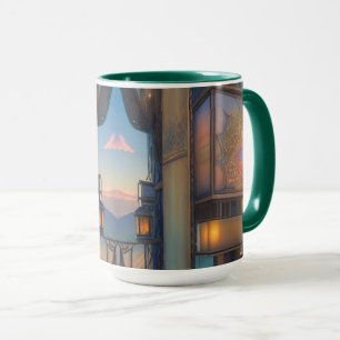 Steampunk City Balcony Lanterns SciFi Mug