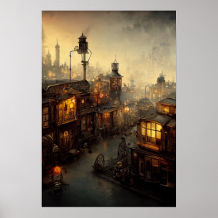 Steampunk city poster, view from window poster