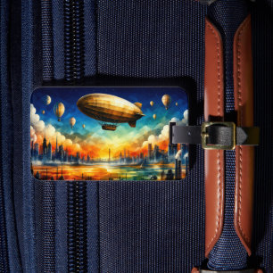 Steampunk City Skyline with Zeppelin Luggage Tag