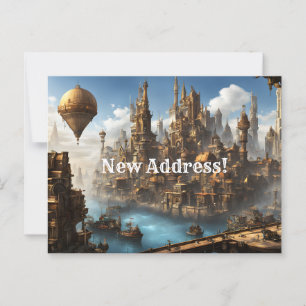 Steampunk City with Balloon New Address Postcard