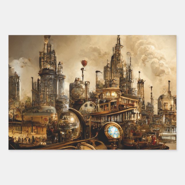 Steampunk City Wrapping Paper Sheet (Front)