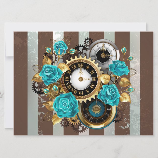 Steampunk Clock and Turquoise Roses on Striped (Front)