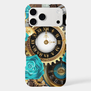 Steampunk Clock and Turquoise Roses on Striped